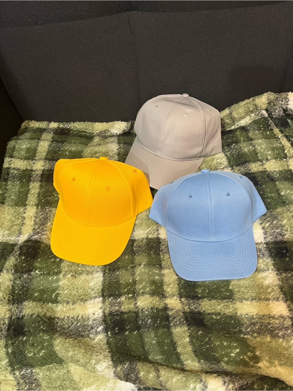 Three Solid Color Baseball Caps - Yellow, Light Blue, Gray